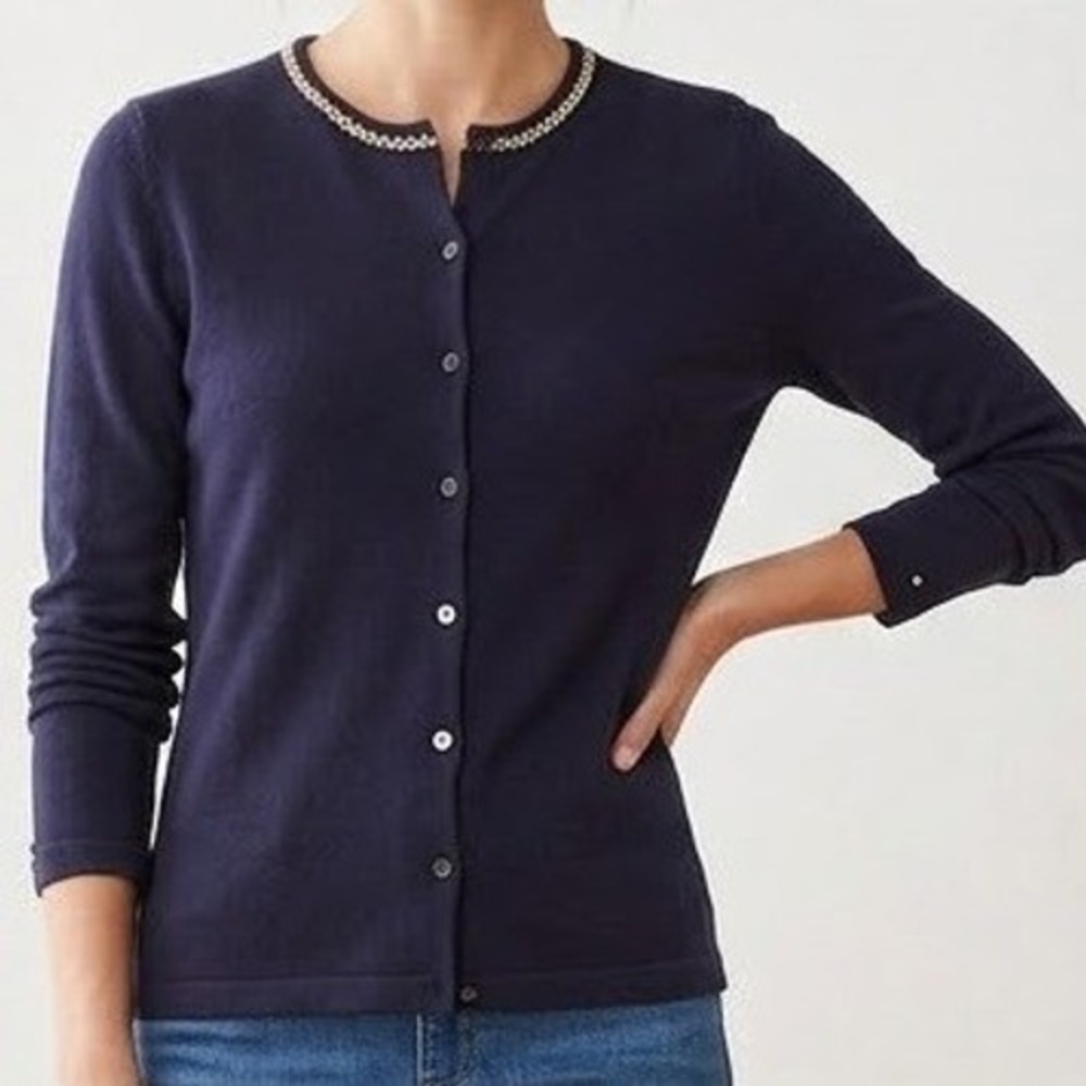 Y2K GAP Navy Blue Embroidered Stretch Cotton Button Front Cardigan, Medium Prep